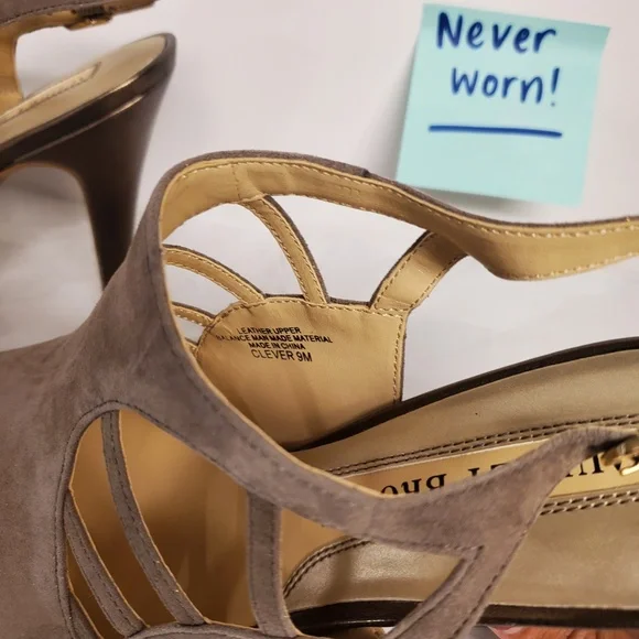 NEW taupe Clever 9 stiletto heels Audrey Brooke cutout open toe nude neutral tan - Picture 6 of 8